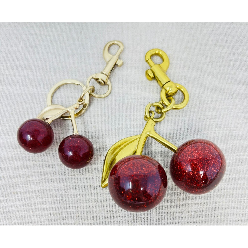 Red Glitter Resin Cherry Bag Charm Keychain Set Gold Tone Hardware 2 Piece